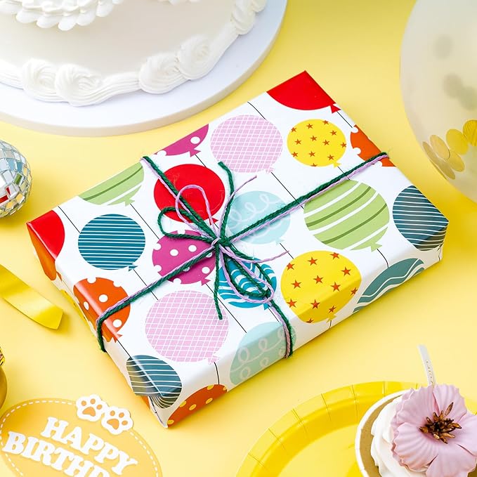 WRAPAHOLIC Birthday Wrapping Paper Sheet - 6 Sheets Balloon and Happy Bday Lettering Design Folded Flat for Birthday, Party, Baby Showers - 19.7 Inch X 27.5 Inch Per Sheet