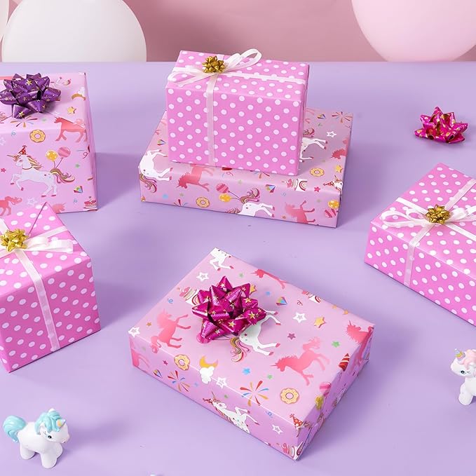 WERNNSAI 17”x 66 ft Unicorn Gift Wrapping Paper Jumbo Roll - 1 Roll Happy Birthday Gift Packing Paper Reversible Purple Unicorn Wrapping Paper for Girls Kids Birthday Party Gift Wrap with Polka Dot De