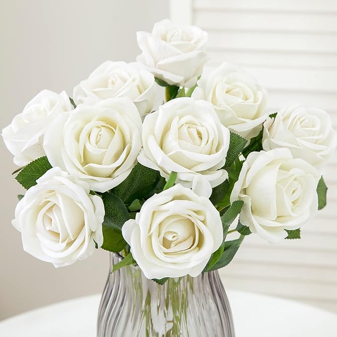 Hawesome Fake Roses Artificial Silk Flowers - 12 Pcs White Roses Artificial Faux Flowers with Stems for Home Wedding Centerpiece Hotel Office Decor