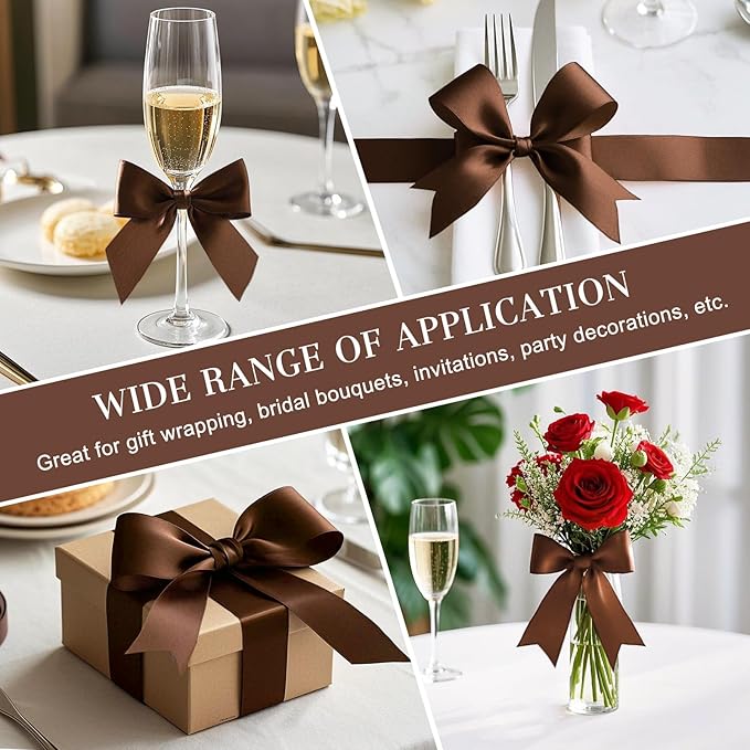1-1/2 Inches 50 Yards Brown Satin Ribbon, Solid Fabric Ribbon Roll for Flower Bouquets, Gift Wrapping, Wedding, Handmade Crafts