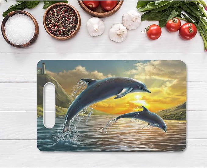 Dolphins Cutting Board with Handles Dolphins Jumping Sea Over A Beautiful Sunset Cutting Boards Plastic Safe Chopping Board for Kitchen 16" x 10" x 0.24"