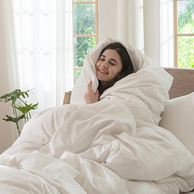 MooMee Bedding Duvet Cover Set 100% Washed Cotton Linen Like Textured Breathable Durable Soft Comfy (Solid Off White, Super Queen 90"x98")