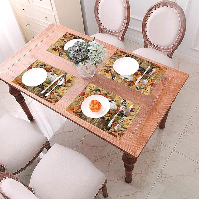 PVC Placemats Set of 1 Wipeable Table Mats Washable Heat Resistant Non Slip Vinyl Dining Table Mat for Kitchen Indoor Outdoor Patio Farmhouse Place Mats Retro Wooden Fall Bird Decorative