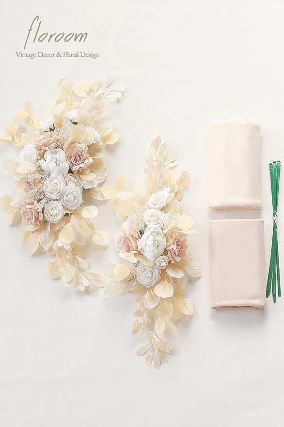 Floroom Arch Flowers with Drapes Kit (Pack of 4) - 2pcs Artificial Cream Floral Swag Arrangement with 2pcs Draping Fabric for Wedding Ceremony Arbor and Reception Backdrop Decoration