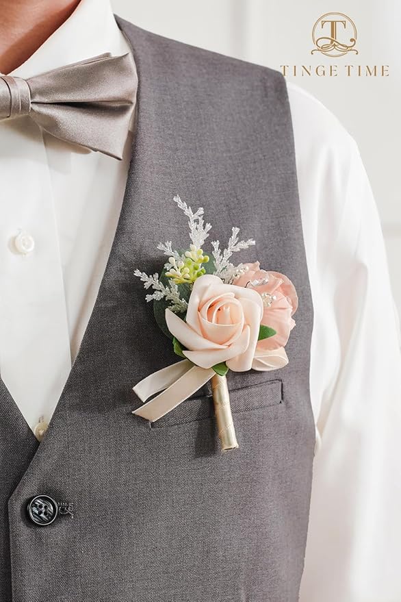 TINGE TIME Boutonniere for Men Wedding,Groom and Best Man Boutonniere for Wedding Ceremony Anniversary, Formal Dinner Party and Rustic Spring Wedding Marriage (6, Champange&Pink)