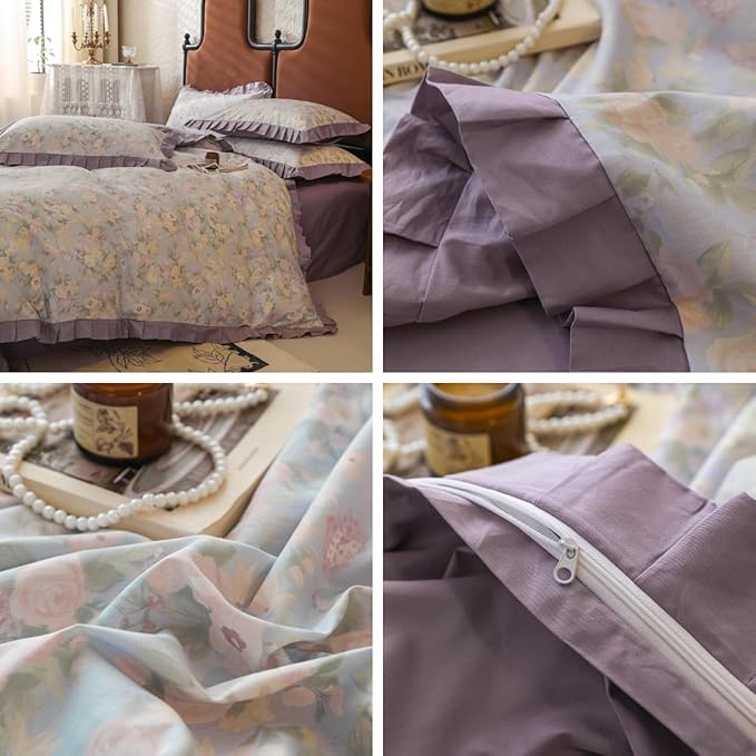 Purple Ruffle Duvet Covet Set Queen Cute Flower Comforter Cover Princess Style Lace Bedding Set Vintage Floral Duvet Cover for Teen Girls Romantic Ruffle Comforter Cover Floral Aesthetic Bedding Set
