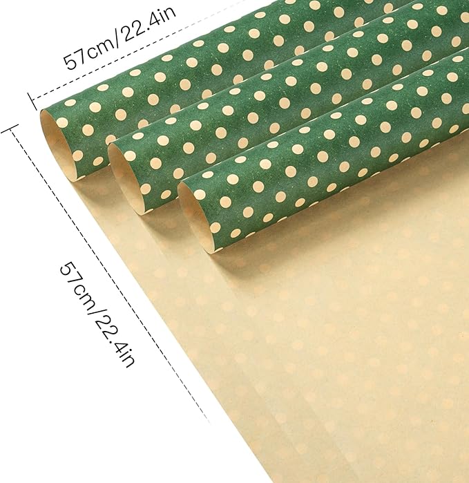 LeZakaa 20 Sheets Kraft Dots Flower Wrapping Paper, Reversible Green with White Polka Dots Floral Bouquet Paper for Christmas, Valentines, Mothers Day, Party, Birthday, Wedding, Baby Shower