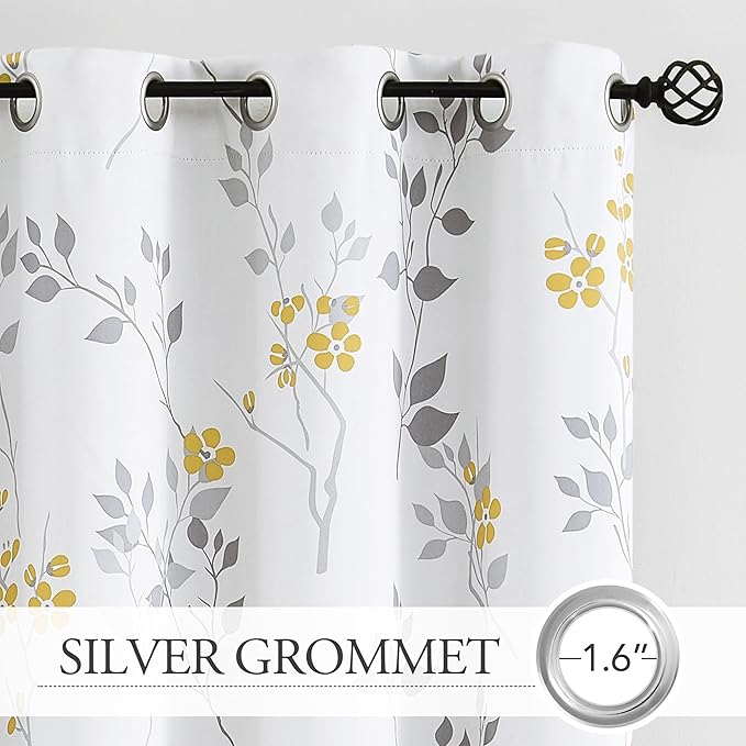 Beauoop Floral 100% Blackout Curtains 84 Inches Long 2 Panels for Bedroom Living Room Yellow Grey and White Flower Patterned Room Darkening Thermal Soundproof Grommet Window Treatments Drapes, 52X84