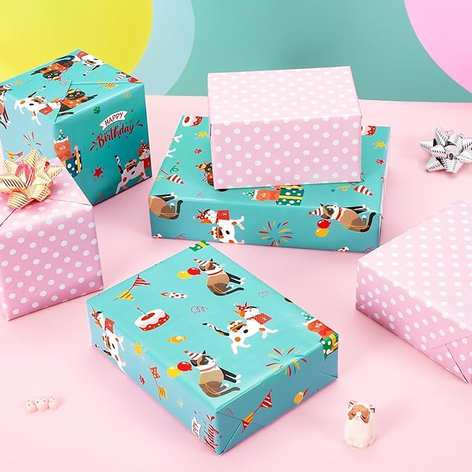 WERNNSAI Cat Birthday Wrapping Paper Roll - 1 Roll 17” X 33 ft Cat Gift Wrapping Paper Roll Girls Kids Birthday Green Pink Wrap Paper with Polka Dot Design for Gift Packing Supply