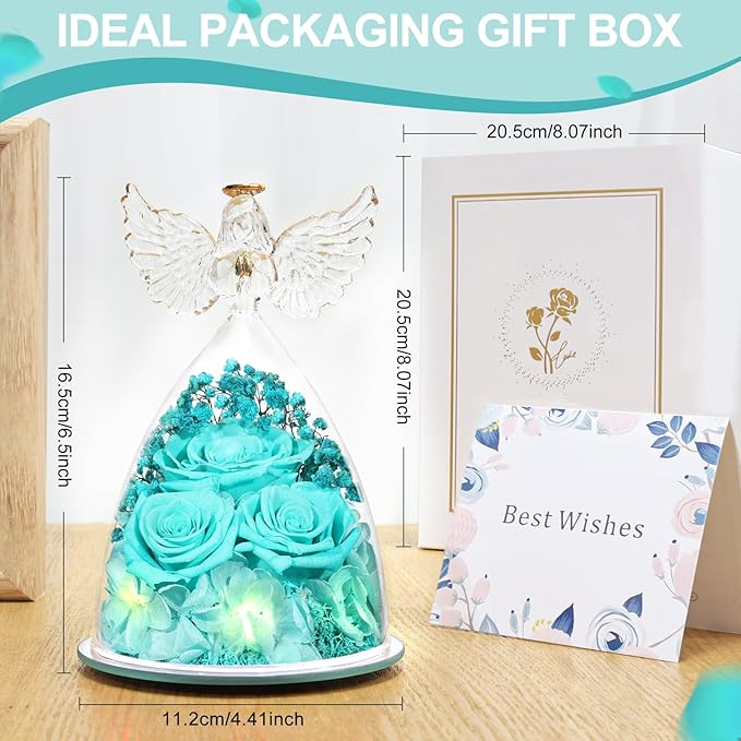 FIACO Preserved Flower Rose Gifts for Women, Forever Eternal Fresh Flowers in Glass Angel Figurines Flowers for Delivery for Grandma Mom Sister Her Wife on Mothers Day Birthday Christmas Thanksgiving