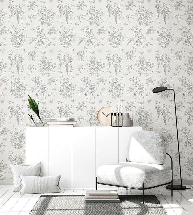 Cream White and Gray Peel and Stick Wallpaper Vintage Floral Contact Paper 16.9"x118.1" Floral Birds Self Adhesive Removable Wallpaper Grey Flowers Decorative Wall Paper for Bathroom Cabinets