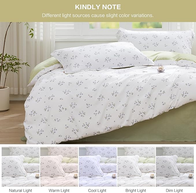 SAPHREAS Twin Duvet Cover White Cute Floral Bedding Set with 8 Corner Ties and 1 Pillow Sham Microfiber Reversible Duvet Cover Set with Zipper Closure, Green