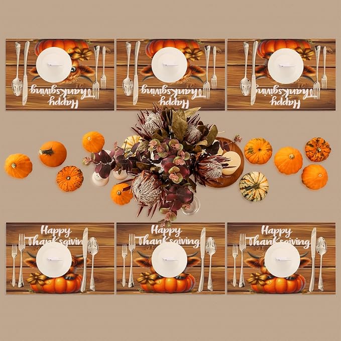 Thanksgiving Pumpkin Highland Cow Placemats Set of 6 PVC Vinyl Non Slip Table Mats Heat Resistant Place Mats Washable Wipeable Dining Table Mat for Kitchen Decor Party Indoor Outdoor Decorative Gift