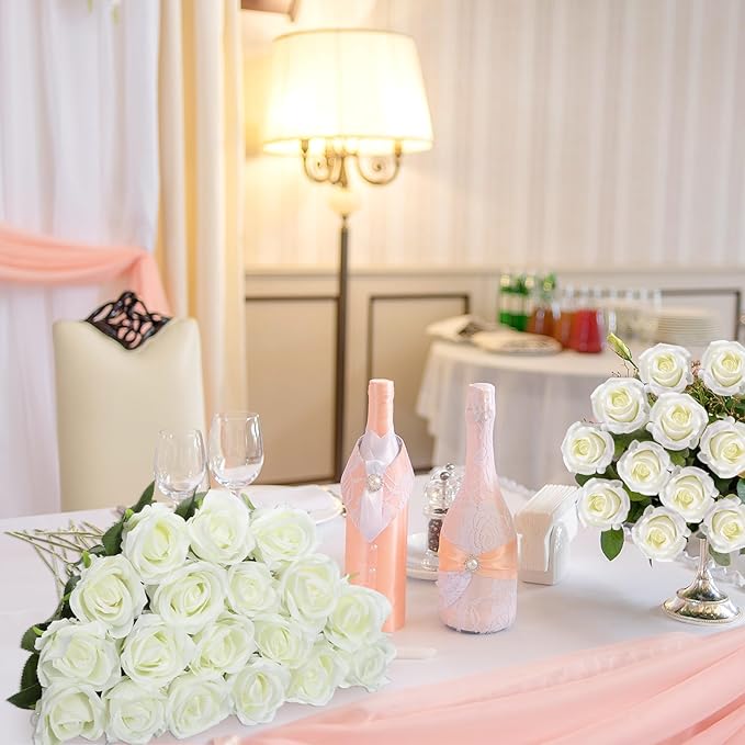Jexine 60 PCS Artificial Roses Bulk Silk Flowers with Long Stems, Realistic Faux Rose Bouquet for Wedding Centerpieces, Valentine’s Party, Home Decor(White)