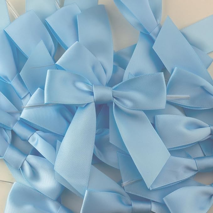7Rainbows 30pcs Boutique 2.5" Light Blue Satin Ribbon Twist Tie Bows for Tying Up Packages Gift Wrapping