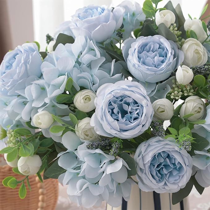 2 Bunches Artificial Peonies Flowers Silk Blue Peonies Fake Hydrangea Flowers Arrangements Table Centerpiece Faux Flores for Bridal Wedding Home Decor (2, Blue White)