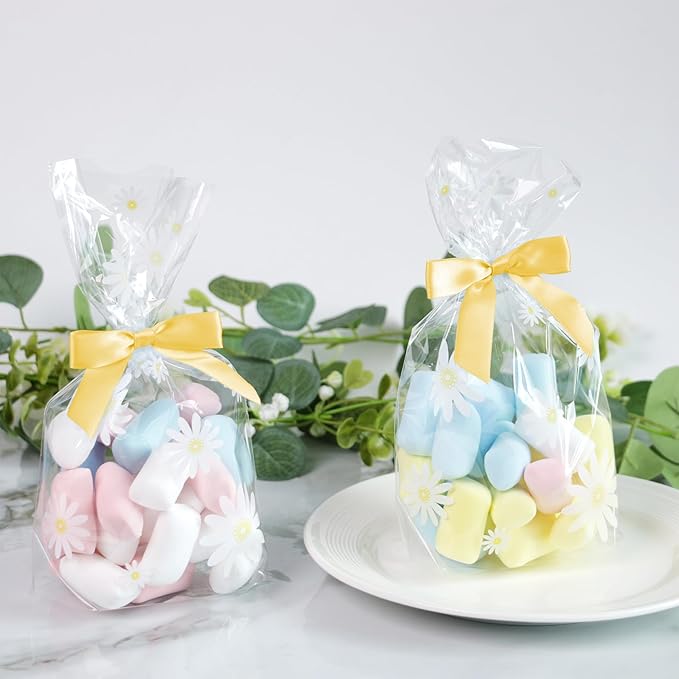 50 PCS Yellow Twist Tie Bows 2.5" Satin Ribbon Bows Decor for Gift Wrapping Craft Treat Bags Cake Pop Basket, Wedding Baby Shower Birthday Party Favors