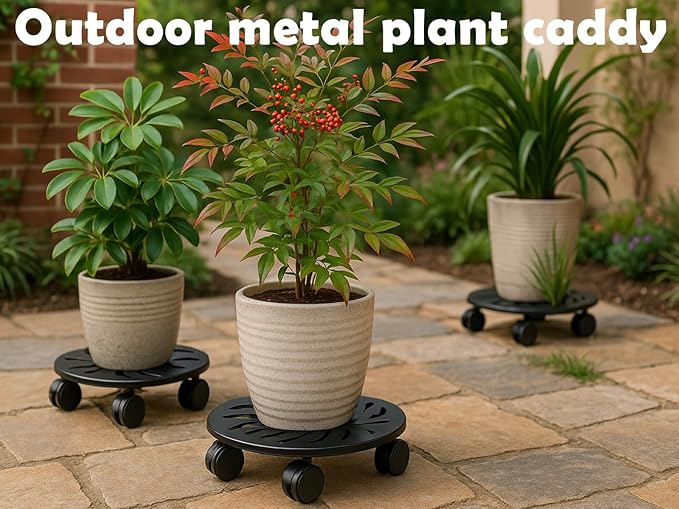 1-Pack 12 Inches Round Metal Plant Caddy with Wheels Heavy Duty Large Rolling Plant Stand Indoor Outdoor Wheeled Planter Dolly Cart with Lockable Casters Flower Pot Mover Roller Trolley, Black