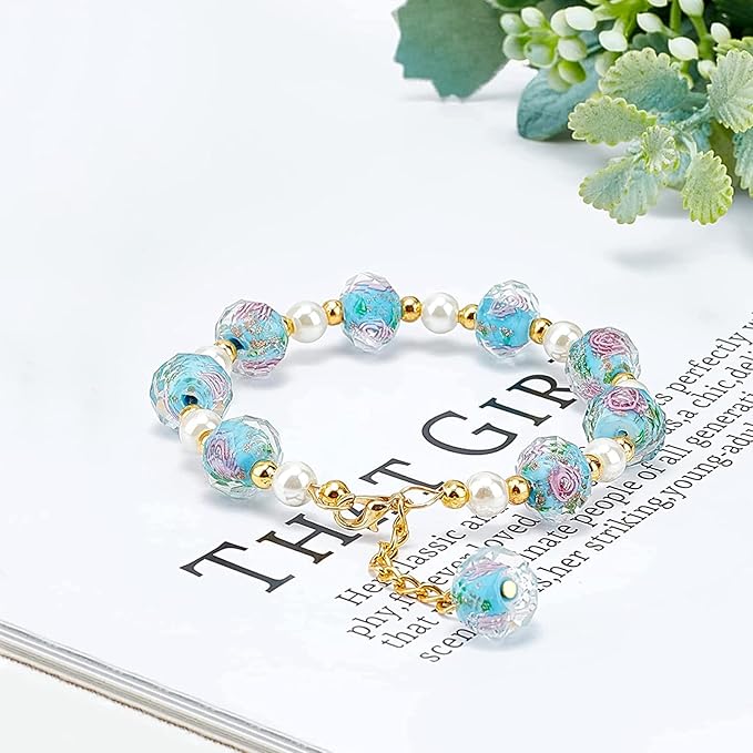 PH PandaHall 60pcs 9~10mm Blue Rose Lampwork Beads Gold Sand Glass Beads Flower Glass Beads 1.5~2mm Hole Floral Handmade Lampwork Beads Round Loose Beads for Rosary Making Jewelry Craft Making