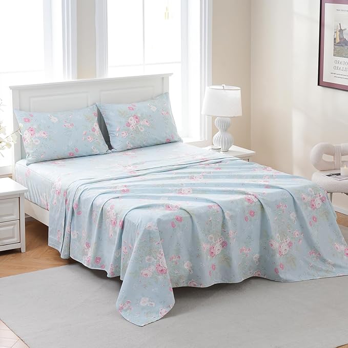 Zusbest Blue Floral Sheets Set Queen Size 100% Cotton Pink Flowers Bed Sheet Shabby Vintage Chic Bedding Romantic Pastoral Style Original Design Soft Luxury Deep Pocket Fitted Sheet 17.5'', 4 Pcs