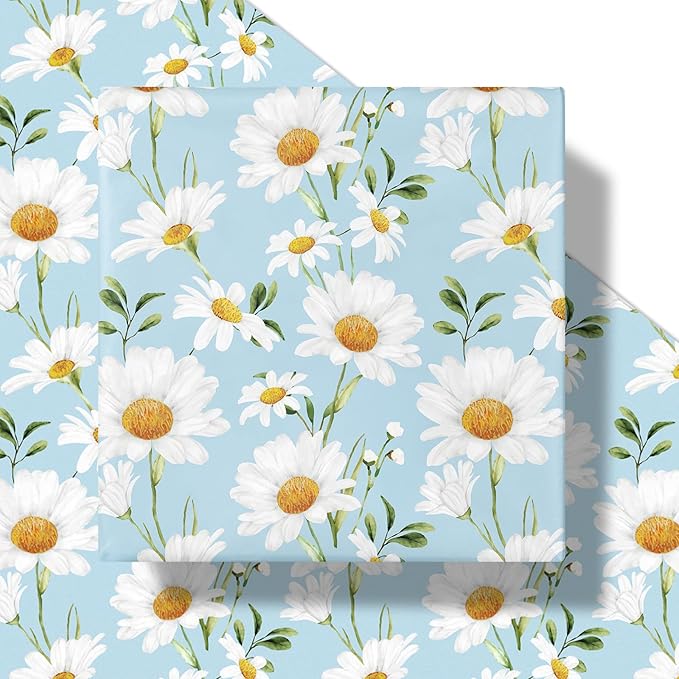 LeZakaa Daisy Wrapping Paper Roll for Girls Women, Light Blue Daisy Fresh CheerfuDesign, for Spring Summer Baby Shower, Bridal Shower, Mini Roll 17 in x 16.4 Ft
