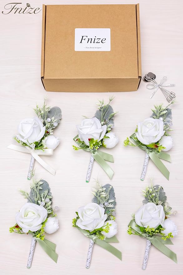 Fnize White Boutonniere for Men, 6 Pcs Groom Groomsmen Boutonnieres, Artificial Flowers for Wedding Prom Homecoming