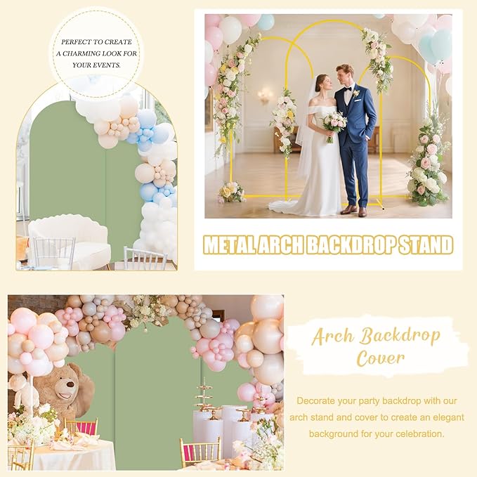 FUHSY Wedding Metal Arch Backdrop Stand with Sage Green Arch Cover 7.2FT, 6FT Balloon Arches Stand and Cover Set of 2 Spandex Arched Backdrop Covers for Birthday Party Baby Shower Ceremony Arbor Decor