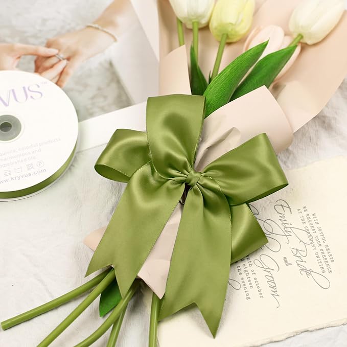 Moss Green Satin Ribbon, Double Faced 2 Inch X 25 Yards Moss Green Ribbon, Premium Satin Ribbon for Gift Wrapping, Crafts, Hair Bow Making, Sewing, Flower Bouquet, Wedding Party Decor