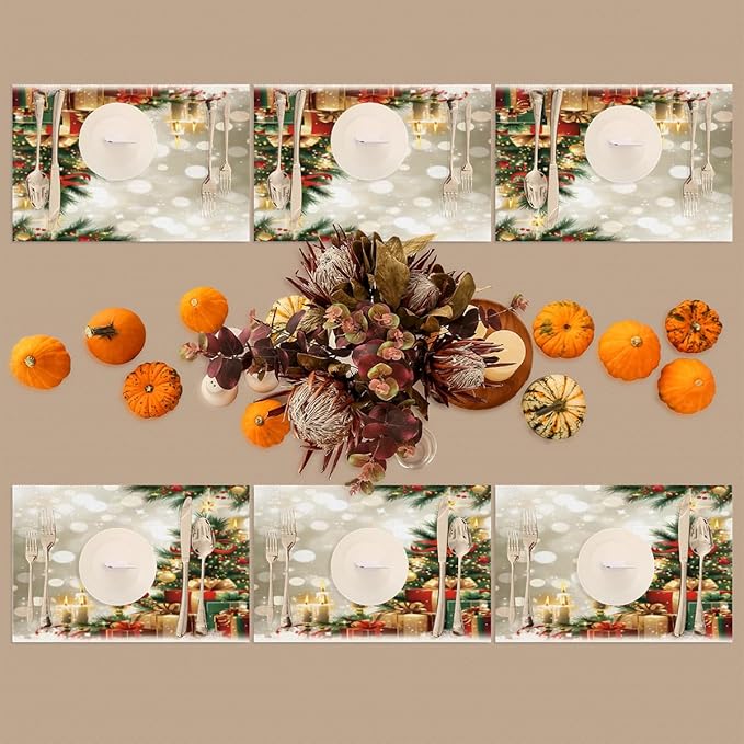 Xmas Christmas Tree Green Placemats Set of 6 PVC Vinyl Non Slip Table Mats Heat Resistant Place Mats Washable Wipeable Dining Table Mat for Kitchen Decor Party Indoor Outdoor Decorative Gift
