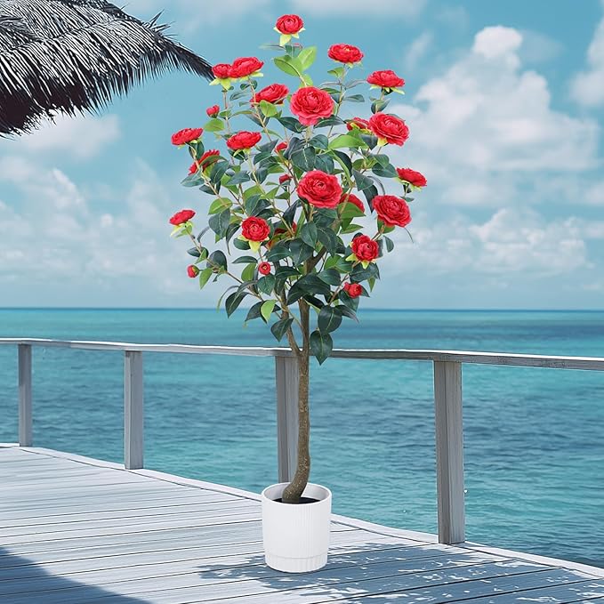 Artificial Camellia Tree 6FT – Nearly Natural Faux Plants Indoor, with Easy Assembly, Low Maintenance, Ideal for Both Indoor Decoration and Other Purposes,Perfect Porch Christmas Trees (Red 6ft)