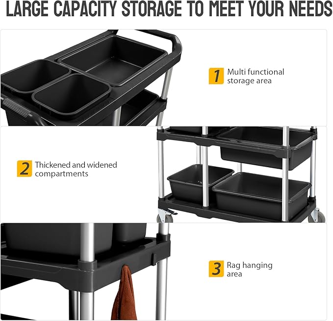TUFFIOM 3-Tier Plastic Service Storage Utility Cart with Wheels, Heavy Duty Multi-Function Mobile Shelving Unit Organizer, Ideal for Restaurant, Foodservice, Office, Warehouse, Black