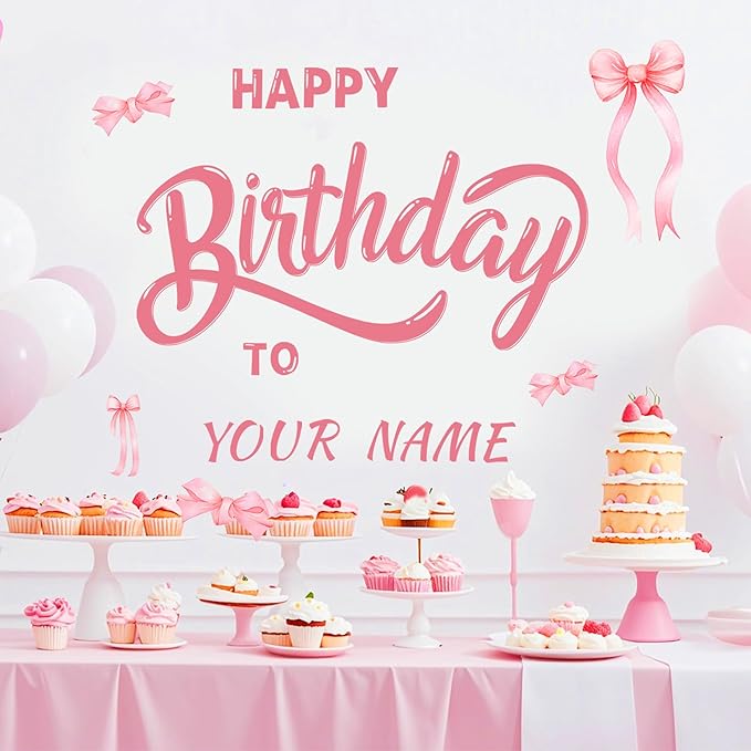 Custom Name Happy Birthday Signs for Backdrop Sweet Girl Birthday Party Vinyl Stickers for Pink Bow Balloon Arch Decoration Women Happy Birthdays Letters Banner Photo Background Sticker Party Supplies