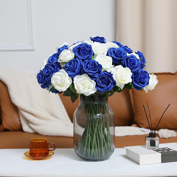 Tifuly Roses Artificial Flowers - 12 pcs Realistic Long Stem Fake Roses Mashup Style Silk Roses for DIY Bouquets Wedding Centerpieces Arrangements Home Party Decor(White & Blue)