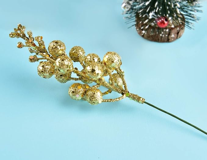 DearHouse 14 Pack Christmas Glitter Berries Stems, 7.8Inch Artificial Christmas Picks for Christmas Tree Ornaments, DIY Xmas Wreath, Crafts, Holiday and Home Decor (Gold)