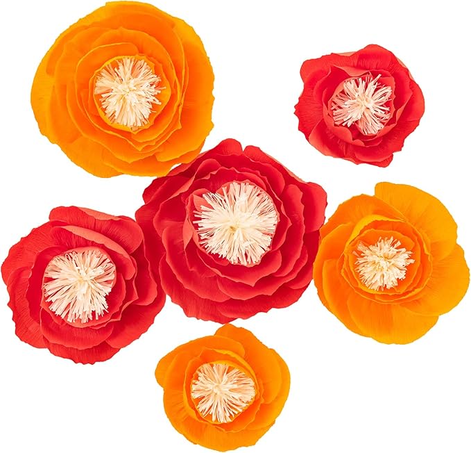 Crepe Paper Flowers Decoration for Wall, Artificial Flowers for Wedding Decor,Flower Backdrop Decor,Baby Shower,Birthday,Archway Decor, Nursery Wall Decor(White and Orange Red,Set/6)