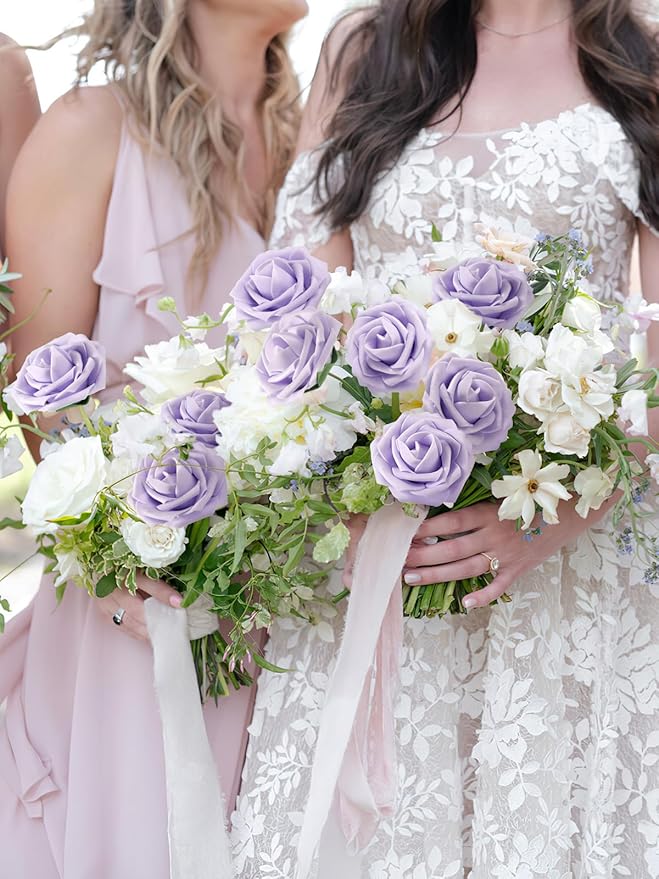MACTING Artificial Lavender Flowers 30PCS Real Touch Fake Flowers with Stem Soft Foam Roses for Valentines Day Gifts DIY Wedding Bouquet Boutonniere Table Centerpieces Party Spring Home Decorations