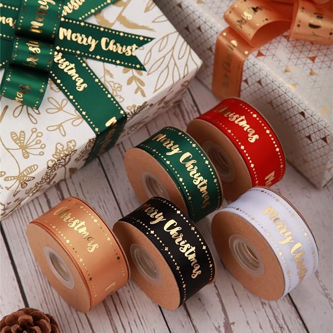 Merry Christmas Ribbon 10 Yards 1Inch Wide Black Satin Ribbons with Gold Printed Gift Ribbon for Craft Packing, Gift Wrapping, DIY Craft, Christmas Party Supplies