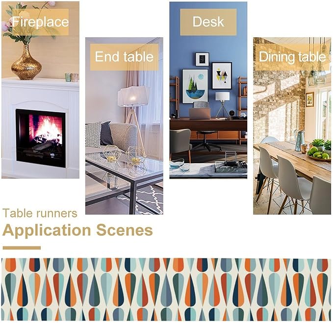 Mid Century Modern Table Runner Retro Blue Orange Grey Water Droplets Geometric Table Runner for Kitchen Dining Room Dining Table Decoration 13x108in
