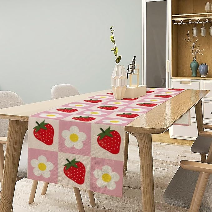 Strawberry Table Runner, Spring Summer Fruit Birthday Party Decorations Dining Room Home Kitchen Table Decor 13 x 70Inch