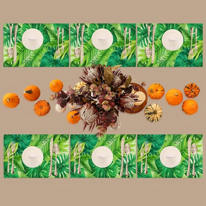 Green Summer Palm Leaf Placemats Set of 6 PVC Vinyl Non Slip Table Mats Waterproof Heat Resistant Place Mats Washable Wipeable Dining Table Mat for Kitchen Party Indoor Outdoor Decorative