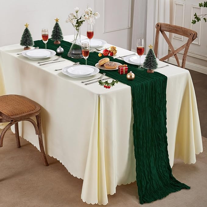 Emerald Green Christmas Cheesecloth Table Runner 10FT Long Boho Gauze Table Runner Rustic Sheer Runner for Wedding Bridal Baby Shower Birthday Party Table Decor Home Christmas Decorations(6 Pack)