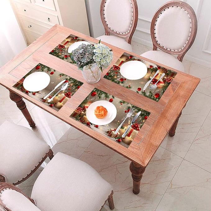 PVC Placemats Set of 4 Wipeable Table Mats Washable Heat Resistant Non Slip Vinyl Dining Table Mat for Kitchen Indoor Outdoor Patio Farmhouse Place Mats Christmas Candle Gift Decorative