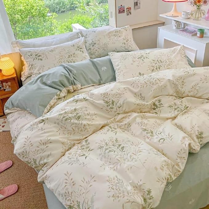LifeTB Floral Botanical Comforter Set Full Size, Aesthetic Flower Leaves Pattern Cute Floral Bedding Comforter Set, 3 Pieces Lightweight Soft Fluffy Botanical Flowers Comforter with 2 Pillowcases