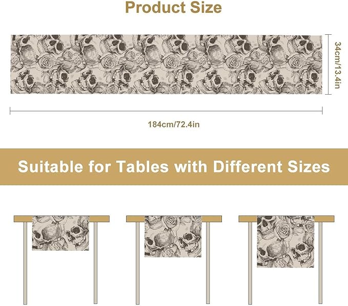 Gothic Table Runner,White Skull Floral Print Table Runner for Home Kitchen Table Dining Garden Farmhouse Wedding Party Decor 13x70 Inch