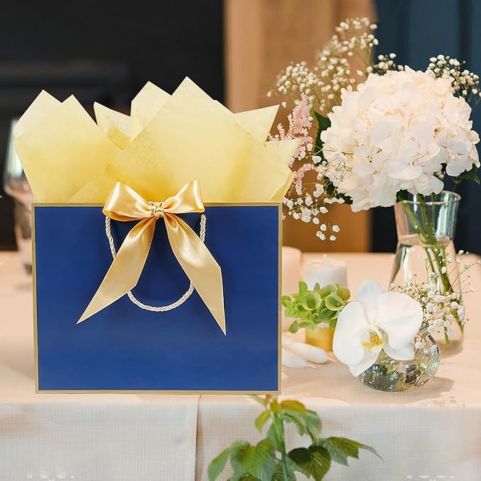 Navy Blue Gift Bags 13 x 10 x 4’’, Large Gift Bag Set with Tissue Paper and Greeting Card, 2 PCS Gift Bags with Handles Bow Ribbon, Paper Present Bags for Women Men Birthday Party Father's Day Wedding
