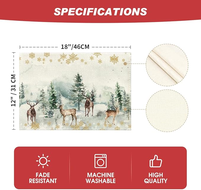 Artoid Mode Watercolor Deer Trees Snowflakes Christmas Placemats for Dining Table, 12 x 18 Inch Seasonal Winter Xmas Holiday Rustic Vintage Thanksgiving Washable Table Mats Set of 6