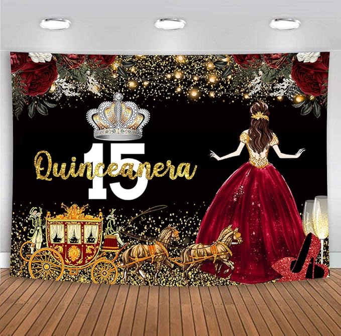 Red Dress Rose Flower Backdrops Quinceanera Birthday Backdrop for Girl Princess Happy 15th Bday Carriage Photography Props Cake Table Banner 7x5ft MBJLSLU37