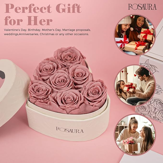 Rosaura Heart-Shaped Preserved Roses Gift Box - Real Forever Flowers for Birthday, Valentine's & Mother's Day (Cappuccino, 7 Roses)