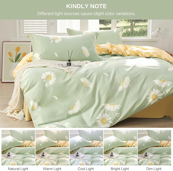SAPHREAS Floral Daisy Duvet Cover Set Full Size 3pcs Sage Green White Flower Bedding Comforter Cover Set 100% Cotton 1 Duvet Cover 90"x80" 2 Pillow Shams, Comforter Not Included