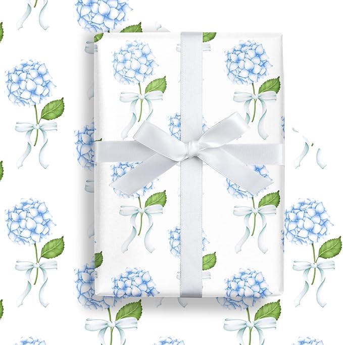 LeZakaa Blue Hydrangea Wrapping Paper Roll for Girls Women, Hydrangea Flowers & Bows Design for Wedding, Bridal Shower, Baby Shower, Mother's Day, DIY Bouquet, Mini Roll, 17 inches x 16.4 Feet